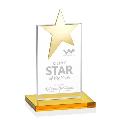 Awards and Plaques - Crystal Trophies - Horton Gold Star Amber Towers Crystal Trophy
