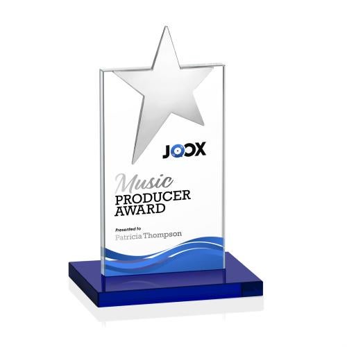Awards and Plaques - Crystal Trophies - Horton Chrome Star Full Color Blue Towers Crystal Trophy