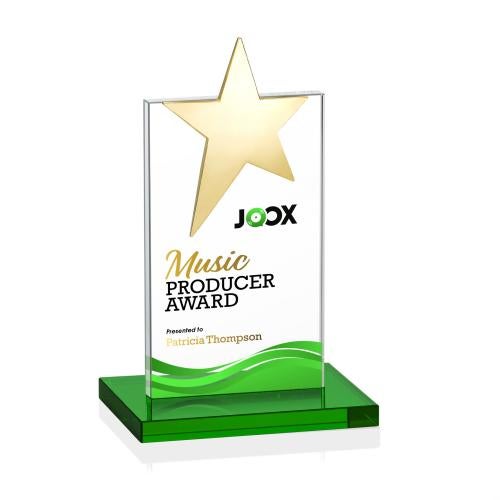 Awards and Plaques - Crystal Trophies - Horton Gold Star Full Color Green Towers Crystal Trophy