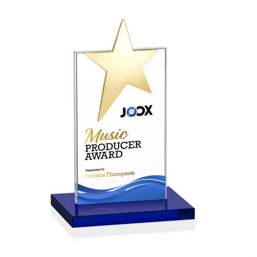 Awards and Plaques - Crystal Trophies - Horton Gold Star Full Color Blue Towers Crystal Trophy
