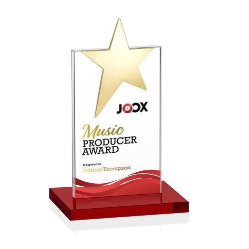 Awards and Plaques - Crystal Trophies - Horton Gold Star Full Color Red Towers Crystal Trophy