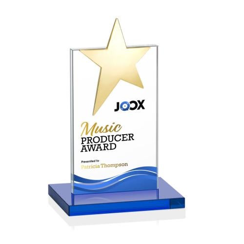 Awards and Plaques - Crystal Trophies - Horton Gold Star Full Color Sky Blue Towers Crystal Trophy