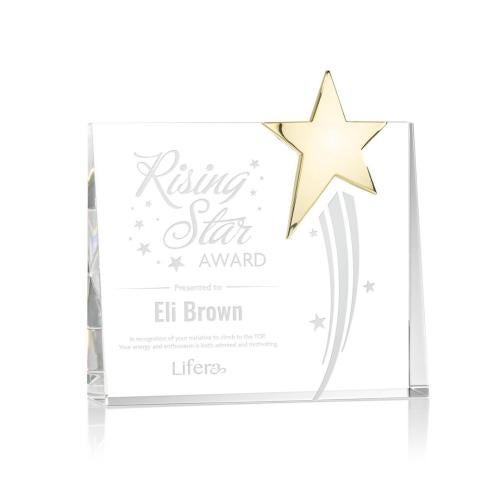 Awards and Plaques - Crystal Trophies - Leonard Gold Star Rectangle Crystal Trophy