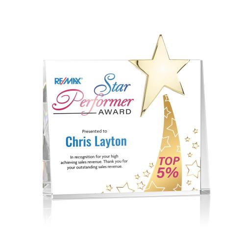 Awards and Plaques - Crystal Trophies - Leonard Gold Star Full Color Rectangle Crystal Trophy