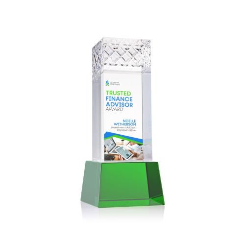 Awards and Plaques - Crystal Trophies - Velson Full Color on Base Green Towers Crystal Trophy