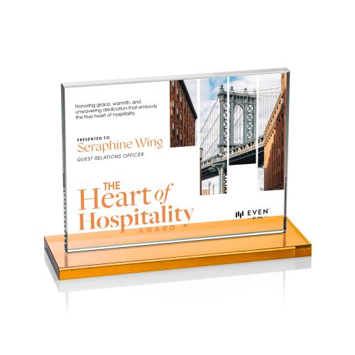 Awards and Plaques - Crystal Trophies - Roach Full Color Amber (Horiz) Rectangle Crystal Trophy