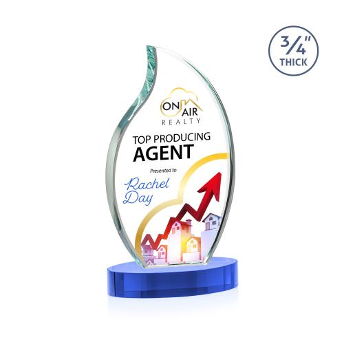 Awards and Plaques - Crystal Trophies - Summers Full Color on Alberton Base Sky Blue Flame Crystal Trophy