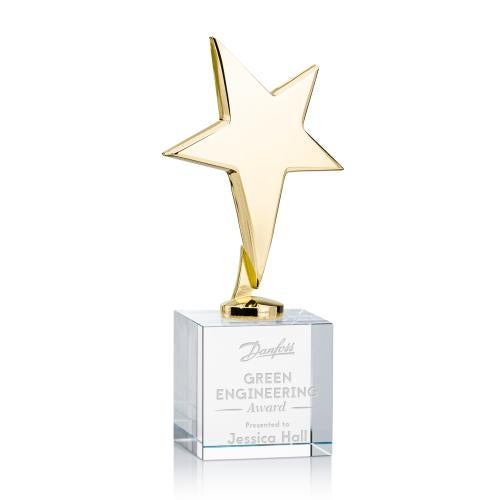 Trophies - Star Trophies - Spicer Gold Star on Square Crystal Base - Clear