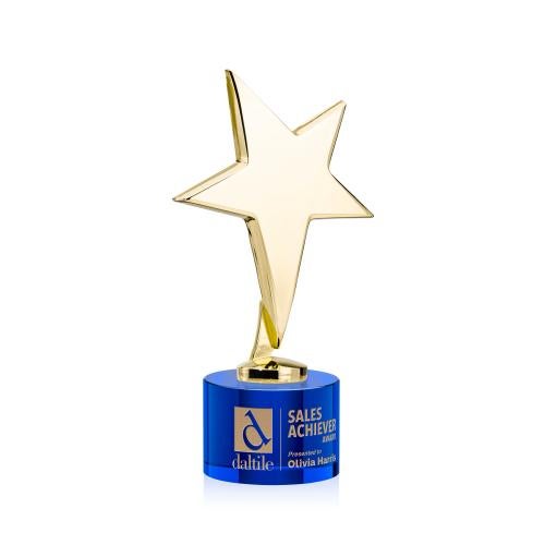 Trophies - Premium Metal Trophies - Spicer Gold Star on Round Base - Blue