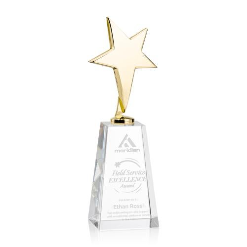 Trophies - Premium Metal Trophies - Spicer Gold Star on Tall Crystal Base - Clear
