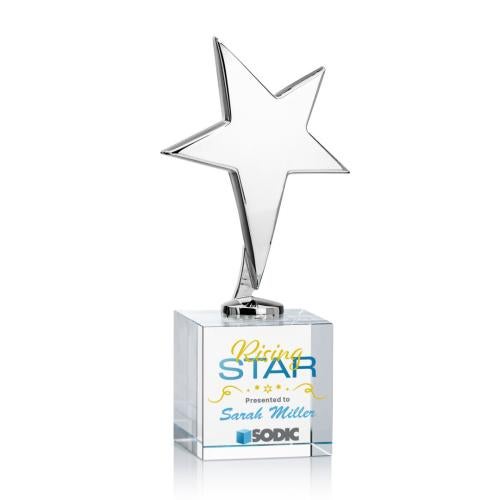 Awards and Plaques - Custom Trophies - Spicer Chrome Star Full Color on Square Crystal Base Clear Metal Trophy