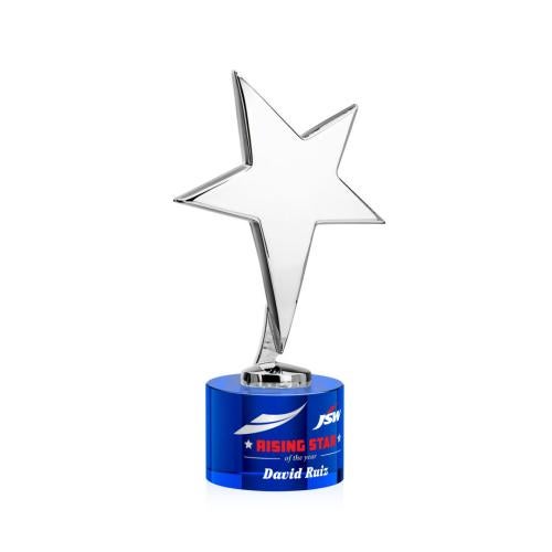 Awards and Plaques - Custom Trophies - Spicer Chrome Star Full Color on Round Base Blue Metal Trophy