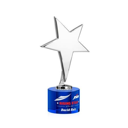 Awards and Plaques - Custom Trophies - Spicer Chrome Star Full Color on Round Base Blue Metal Trophy