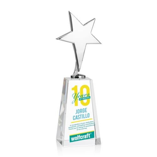 Awards and Plaques - Custom Trophies - Spicer Chrome Star Full Color on Tall Crystal Base Clear Metal Trophy