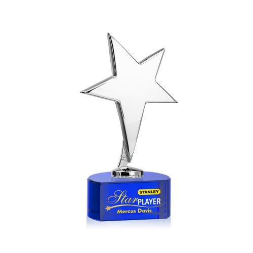 Awards and Plaques - Custom Trophies - Spicer Chrome Star Full Color on Half Round Base Blue Metal Trophy
