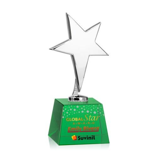 Awards and Plaques - Custom Trophies - Spicer Chrome Star Full Color on Small Crystal Base Green Metal Trophy