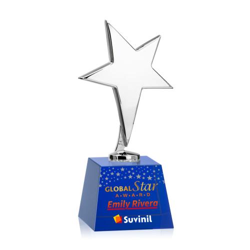 Awards and Plaques - Custom Trophies - Spicer Chrome Star Full Color on Small Crystal Base  Blue Metal Trophy