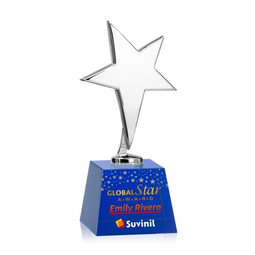 Awards and Plaques - Custom Trophies - Spicer Chrome Star Full Color on Small Crystal Base  Blue Metal Trophy