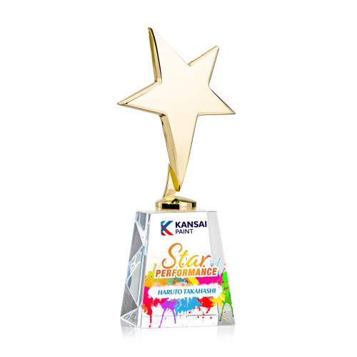 Awards and Plaques - Custom Trophies - Spicer Gold Star Full Color Metal on Medium Crystal Base-Clear Trophy