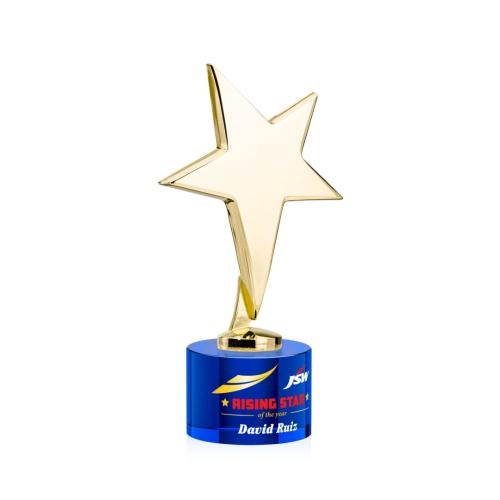 Awards and Plaques - Custom Trophies - Spicer Gold Star Full Color on Round Base Blue Metal Trophy