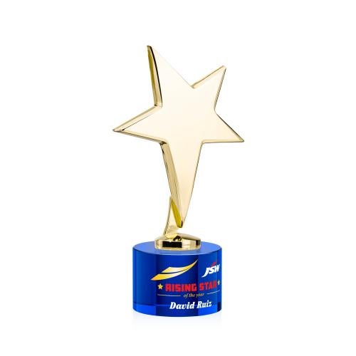 Awards and Plaques - Custom Trophies - Spicer Gold Star Full Color on Round Base Blue Metal Trophy