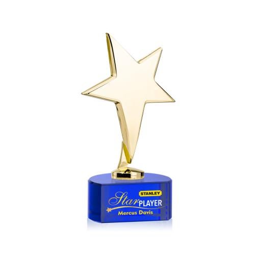 Awards and Plaques - Custom Trophies - Spicer Gold Star Full Color on Half Round Base Blue Metal Trophy