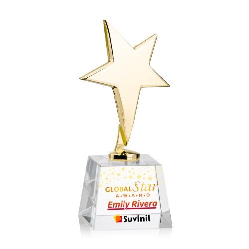Awards and Plaques - Custom Trophies - Spicer Gold Star Full Color on Small Crystal Base Clear Metal Trophy