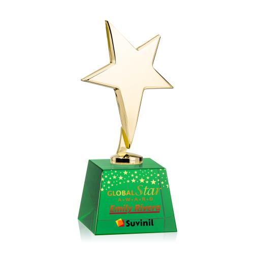 Awards and Plaques - Custom Trophies - Spicer Gold Star Full Color on Small Crystal Base Green Metal Trophy