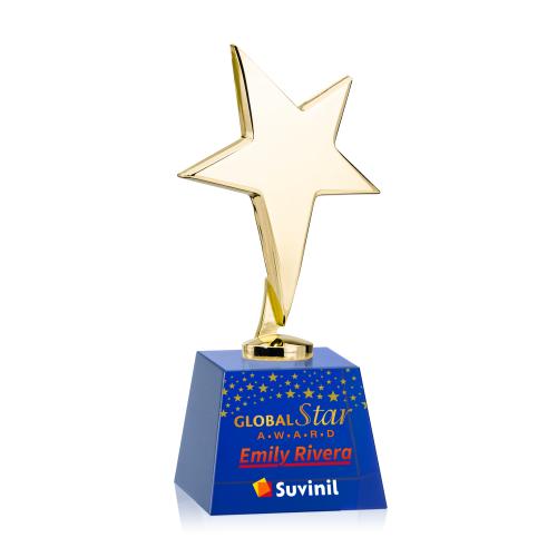Awards and Plaques - Custom Trophies - Spicer Gold Star Full Color on Small Crystal Base Blue Metal Trophy