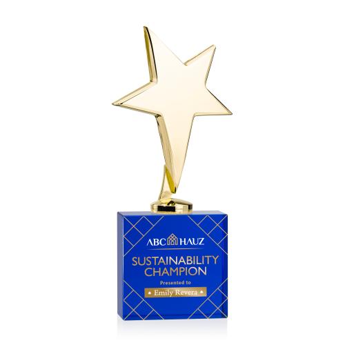 Awards and Plaques - Custom Trophies - Spicer Gold Star Full Color on Woodlawn Base Blue Metal Trophy