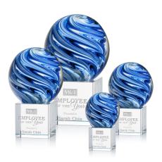 Neptune Globe on Square Crystal Base Glass Trophy - Art Glass Trophies