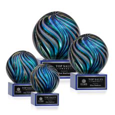 McCray on Plated Crystal Base Blue Globe Glass Trophy - Art Glass Trophies