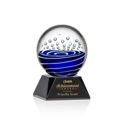 Awards and Plaques - Glass Trophies - Art Glass Trophies - Darby on Cahill Base Black Globe Glass Trophy