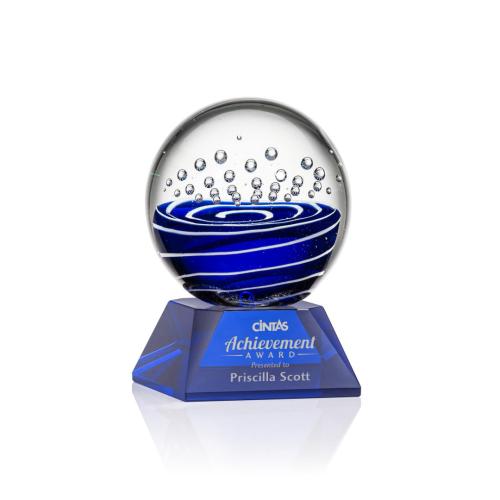 Awards and Plaques - Glass Trophies - Art Glass Trophies - Darby on Cahill Base Blue Globe Glass Trophy