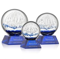 Rudolph on Cahill Base Blue Globe Glass Trophy - Glass Trophies