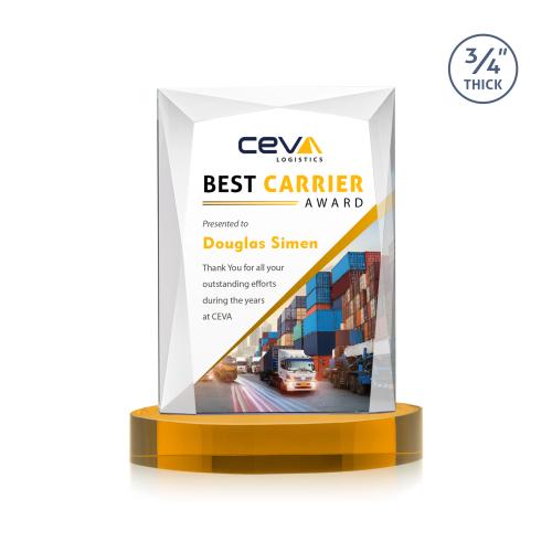 Awards and Plaques - Crystal Trophies - Cassidy Full Color on Alberton Base Amber Rectangle Crystal Trophy