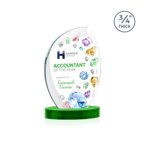 Awards and Plaques - Crystal Trophies - Oakes Full Color on Alberton Base Green Flame Crystal Trophy