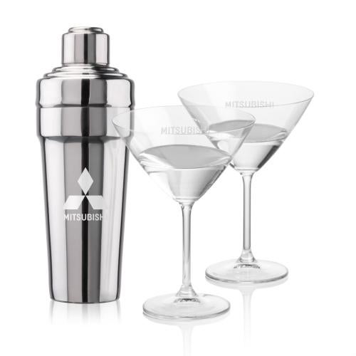 Custom Barware Glasses - Cocktail Glasses - Milano Shaker & Flynn Martini Set