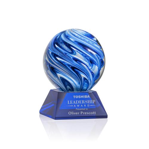 Awards and Plaques - Glass Trophies - Art Glass Trophies - Neptune on Cahill Base Blue Globe Glass Trophy