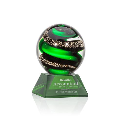 Awards and Plaques - Glass Trophies - Art Glass Trophies - Boykin on Cahill Base Green Globe Glass Trophy