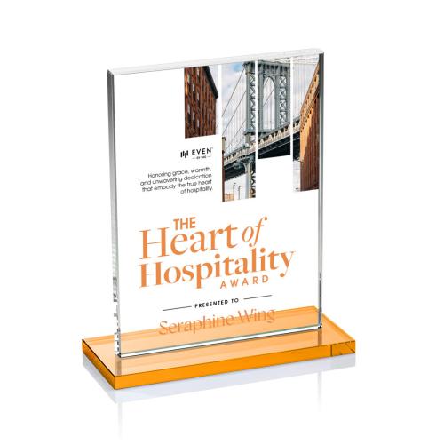 Awards and Plaques - Crystal Trophies - Roach Full Color Amber (Vert) Rectangle Crystal Trophy