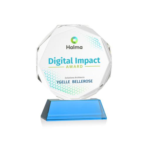 Awards and Plaques - Crystal Trophies - Acadian Full Color on Helton Base Sky Blue Polygon Crystal Trophy