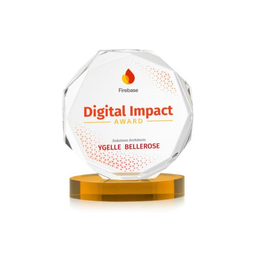 Awards and Plaques - Crystal Trophies - Acadian Full Color on Alberton Base Amber Polygon Crystal Trophy