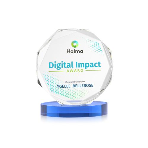 Awards and Plaques - Crystal Trophies - Acadian Full Color on Alberton Base Sky Blue Polygon Crystal Trophy