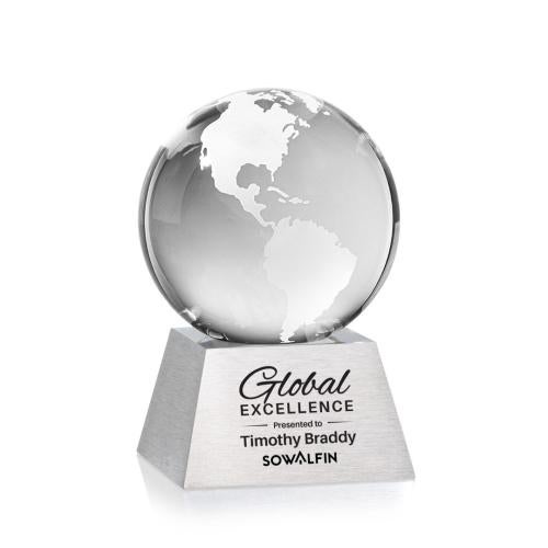Awards and Plaques - Crystal Trophies - Crystal Paperweights - Globe Globe on Aluminum Base Crystal Trophy