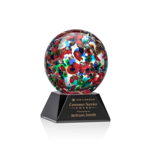 Awards and Plaques - Glass Trophies - Art Glass Trophies - Knapp on Cahill Base Black Globe Glass Trophy