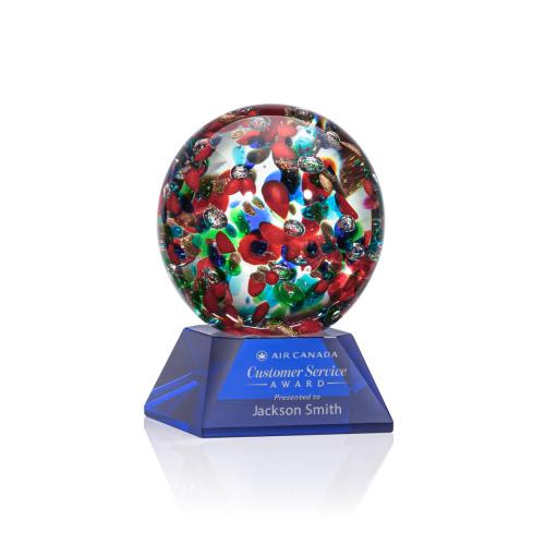 Awards and Plaques - Glass Trophies - Art Glass Trophies - Knapp on Cahill Base Blue Globe Glass Trophy