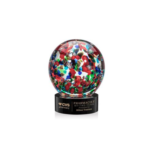 Awards and Plaques - Glass Trophies - Art Glass Trophies - Knapp on Lockwood Base Black Globe Glass Trophy
