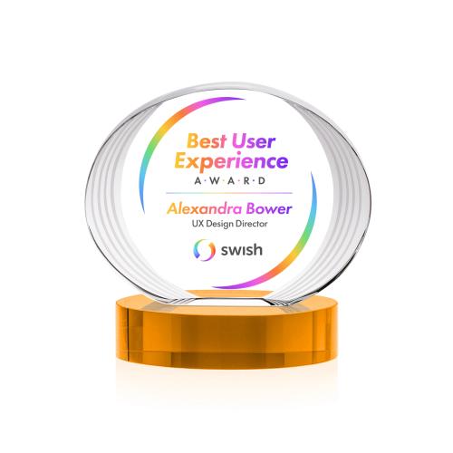 Awards and Plaques - Crystal Trophies - Schaffer Full Color on Base Amber Circle Crystal Trophy