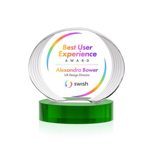 Awards and Plaques - Crystal Trophies - Schaffer Full Color on Base Green Circle Crystal Trophy